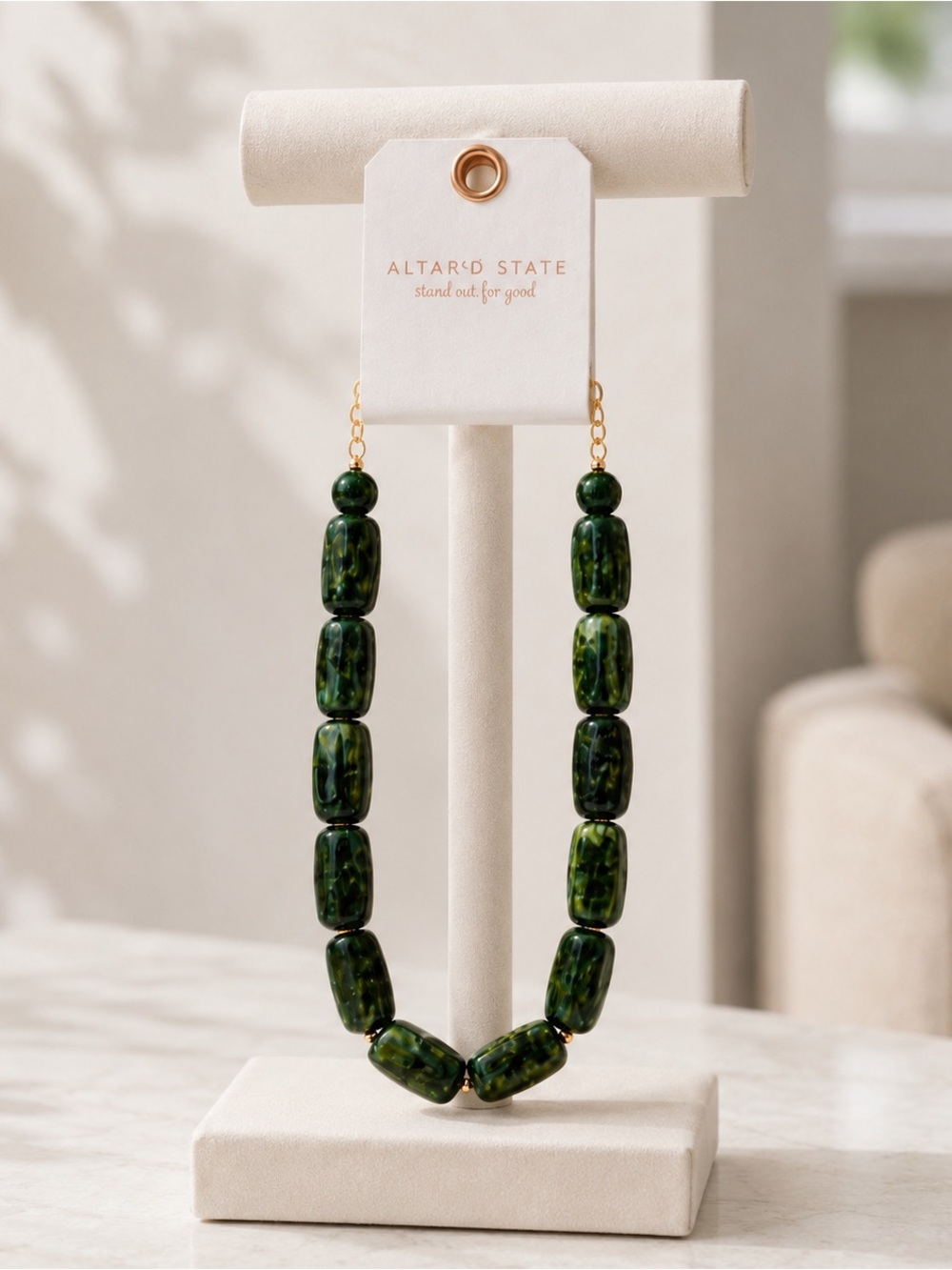 Altar’d State Green Marbled Resin Statement Necklace NWT Gold Tone
